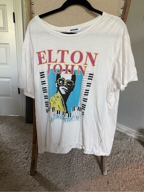 Daydreamer White Elton John Graphic Tee with Pink, Yellow & Blue Accents